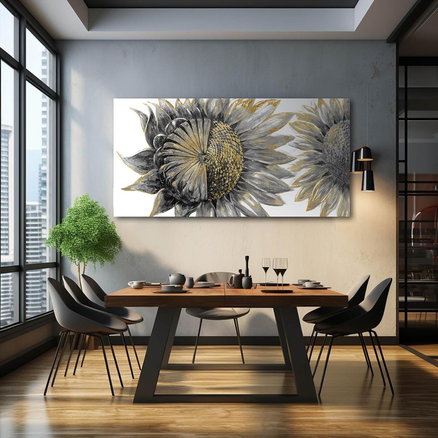 Framed Wall Art for Living Room Sunflowers Wall Decor Large Wall Decorations Black Artwork Flowers Prints Pictures for Home Office 29"x58"