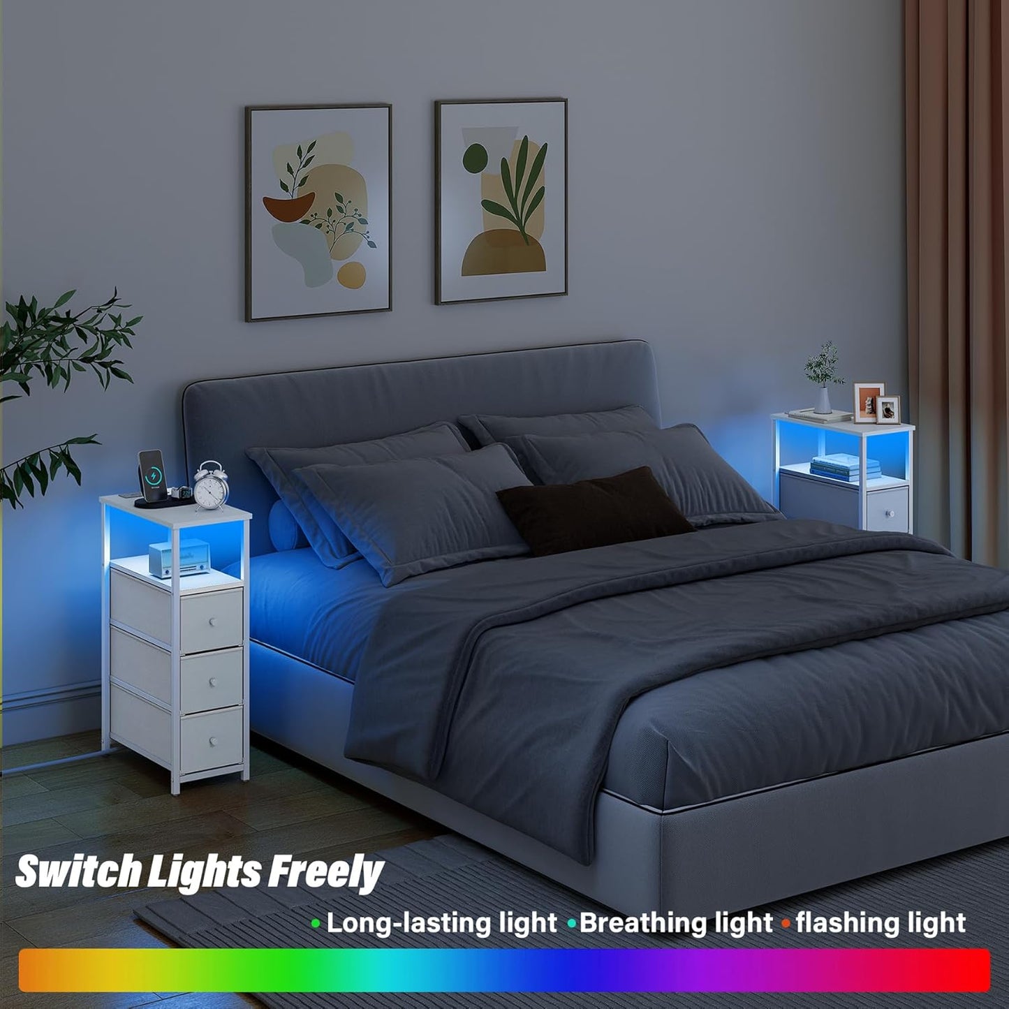 TUTOTAK Narrow LED Night Stand with Charging Station, Slim End Table with Plugins, Tall Side Table with 3 Fabric Drawer, Small Bedside Table with Storage, Set of 2, for Living Room, White TB01BW073L