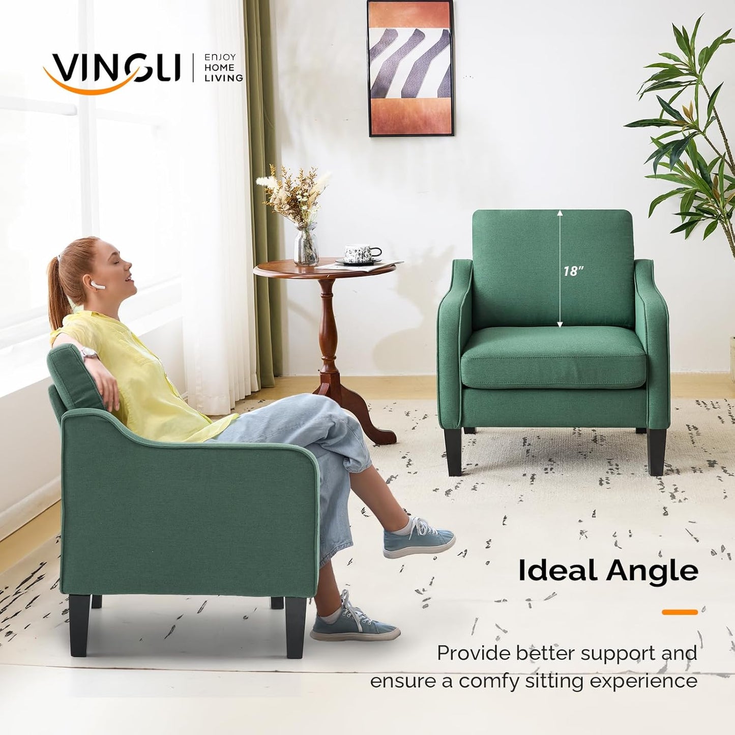 VINGLI Mid-Century Modern Accent Chairs Set of 2 Living Room Chairs Dark Green Reading Chairs for Bedroom Scooped Arm Chairs Upholstered Comfy Chairs for Apartment, Waiting Room