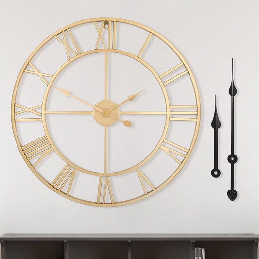Large Modern Metal Wall Clocks Rustic Round Silent Non Ticking Battery Operated Roman Numerals Clock for Living Room/Bedroom/Kitchen Wall Decor-(Gold, 40cm)