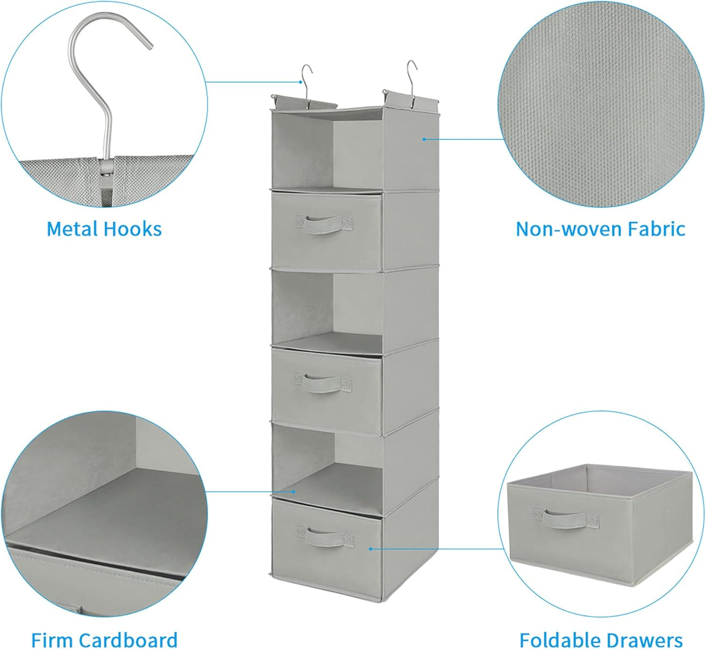 MAX Houser 6 Tier Shelf Hanging Closet Organizer, Closet Hanging Shelf with 2 Sturdy Hooks for Storage, Foldable (Light Grey-D3)