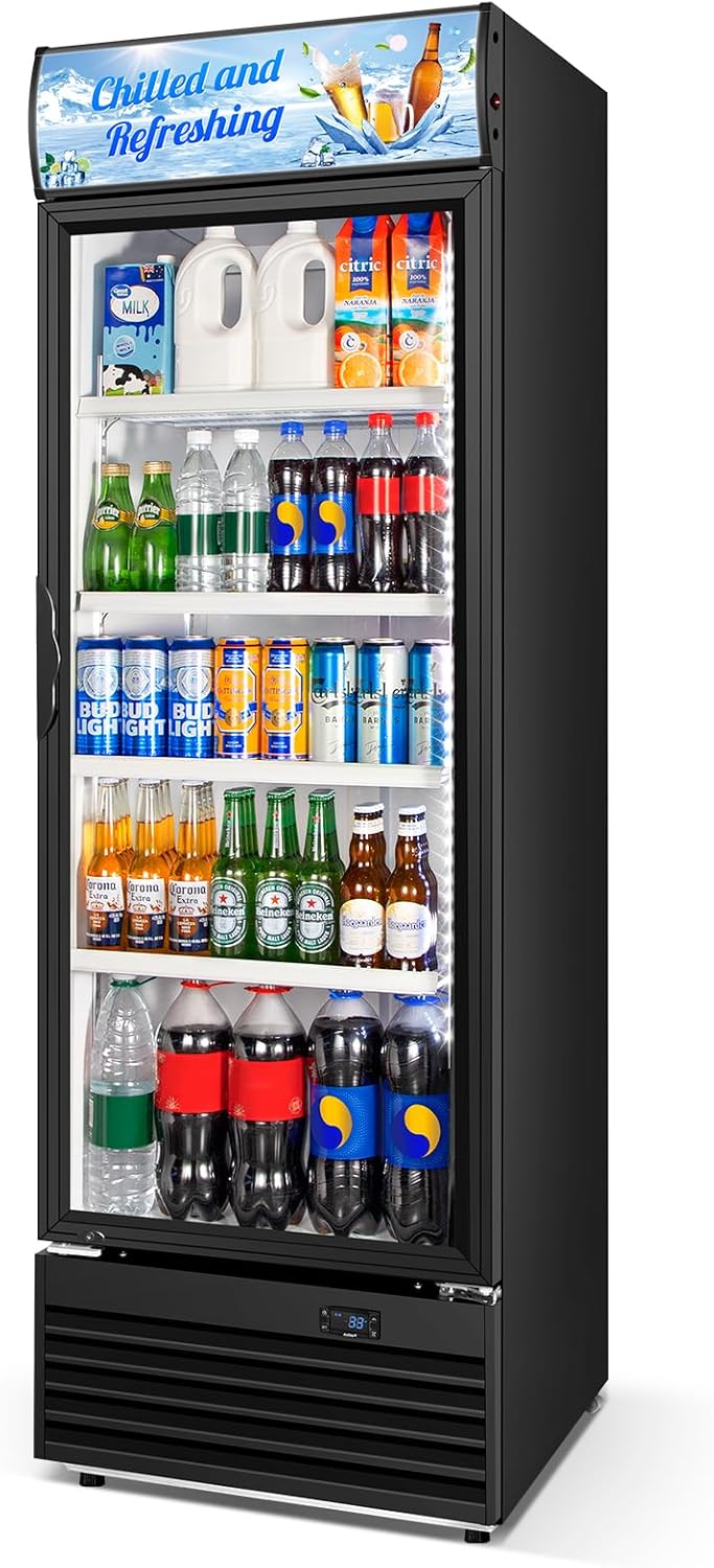 Commercial Beverage Refrigerator, 24 Inch Beverage Fridge, 15 Cu. Ft. Drink Fridge, Display Refrigerator Glass Door, Commercial Display Fridge with Customizable Light Box for Shops, Restaurants, Bars