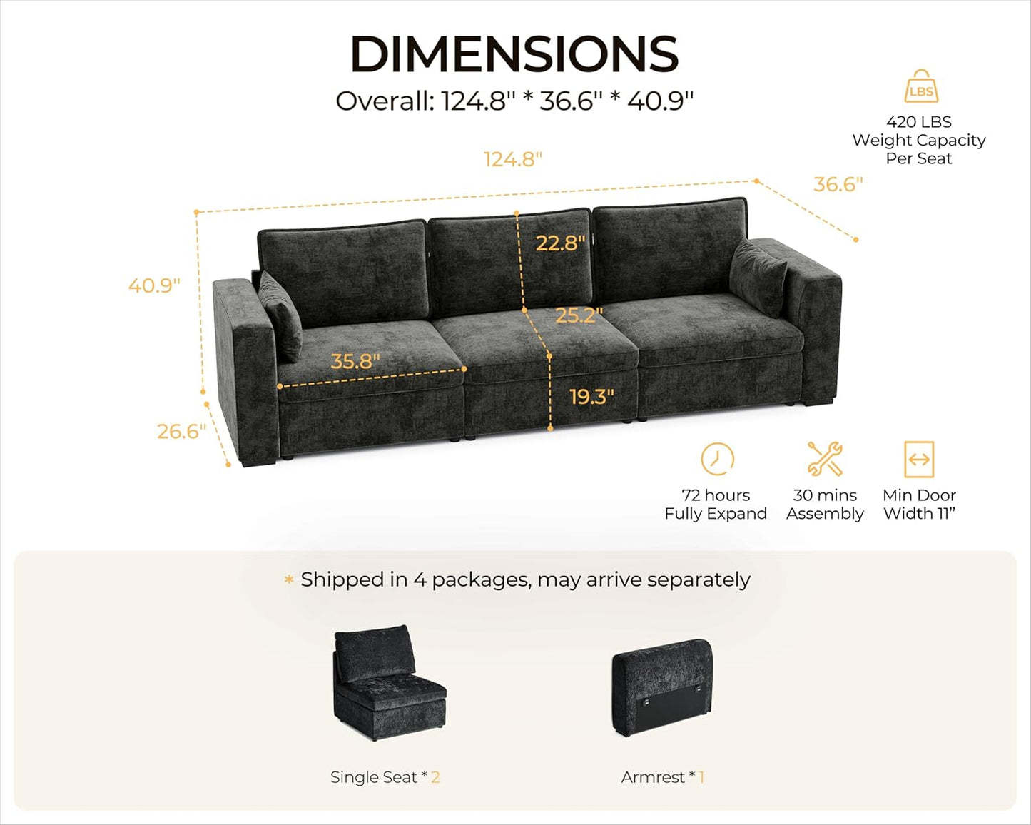 124.8'' Oversized Modular Sofa Comfy Cloud Couch with Storage, Extra Wide Sectional Sofa for Living Room, Covers Washable, 3-Seater, Chenille, Black