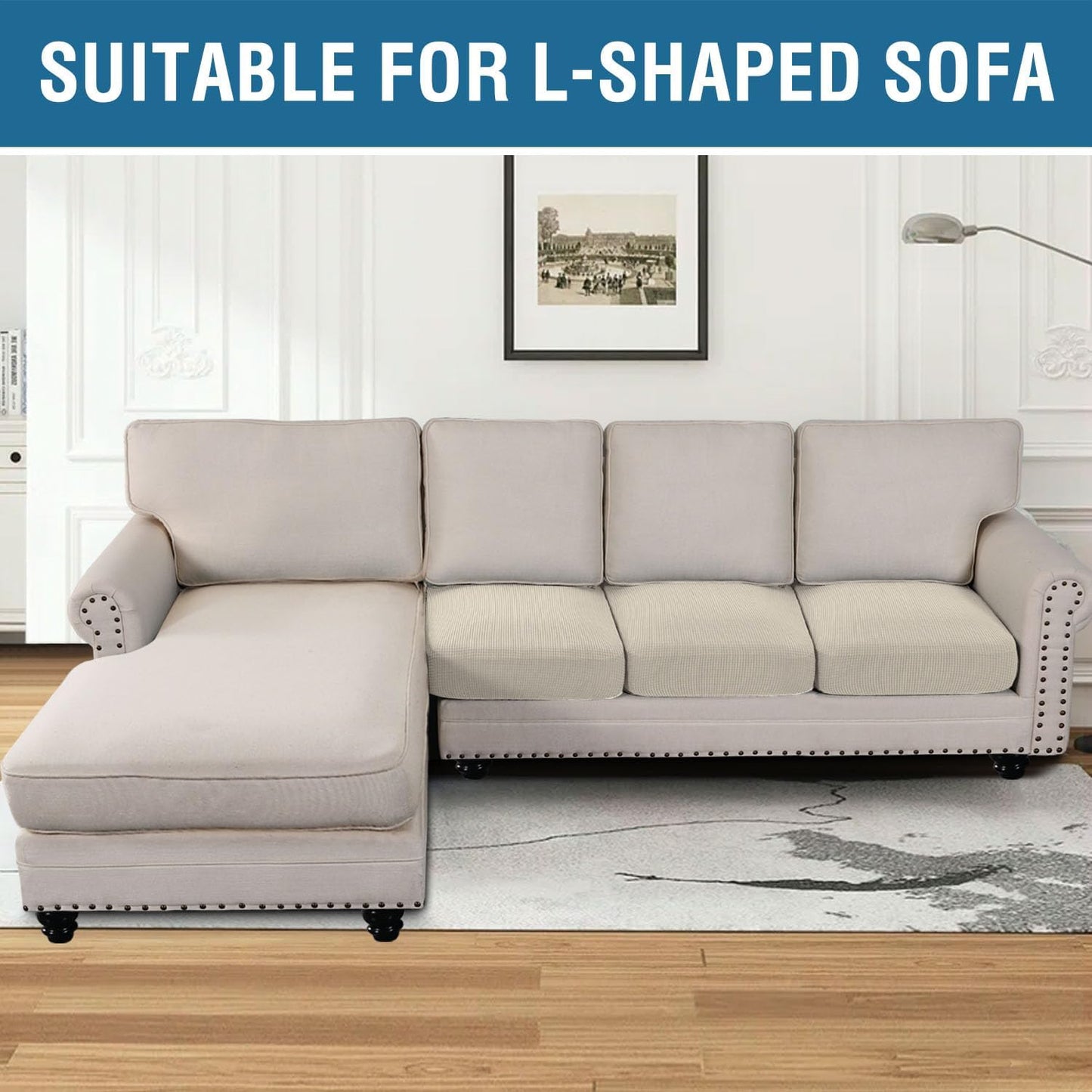 H.VERSAILTEX Super Stretch Individual Seat Cushion Cover Sofa Covers Couch Cushion Covers Slipcover Sets Thick Jacquard Textured Twill Fabric (3 Piece Sofa Cushion Covers, Natural)