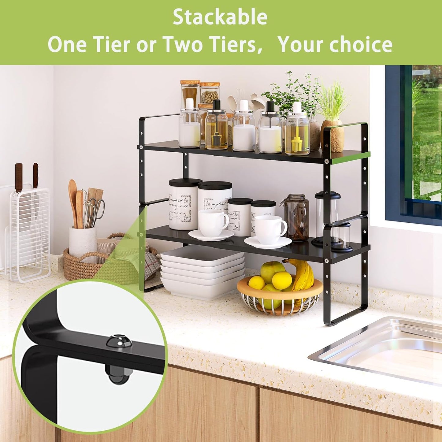 Expandable Cabinet Shelf Organizer Rack, Stackable Kitchen Counter Storage Shelves Stand, Adjustable Height Pantry Shelf Spice Rack (Black, 2 Pack)