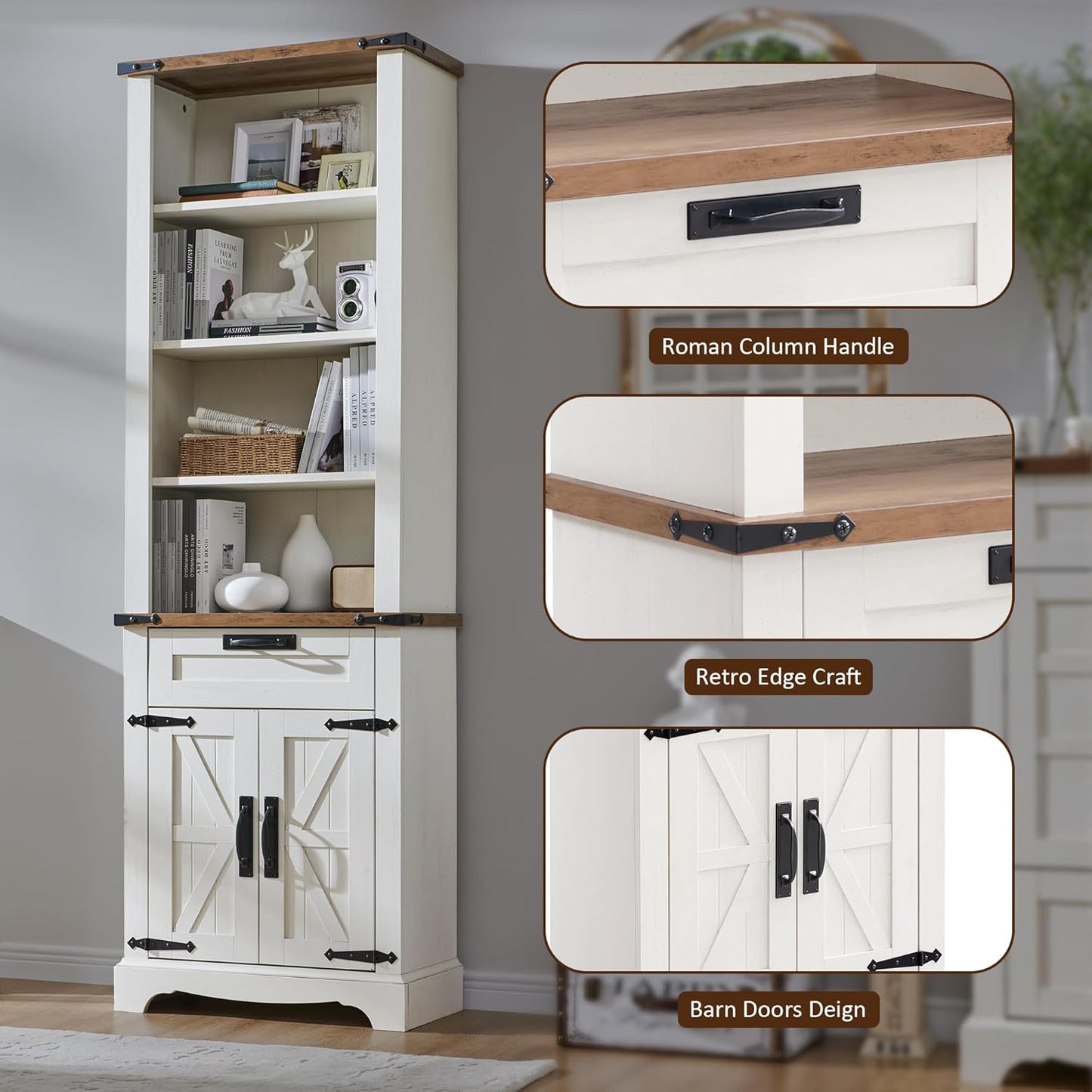 OKD 72'' Tall Bookshelf with Storage, Farmhouse 4 Tier Bookcase with Barn Door, Adjustable Shelves and Drawers, Rustic Wooden Office Bookshelves for Home Bedroom, Living Room, Library Antuique White