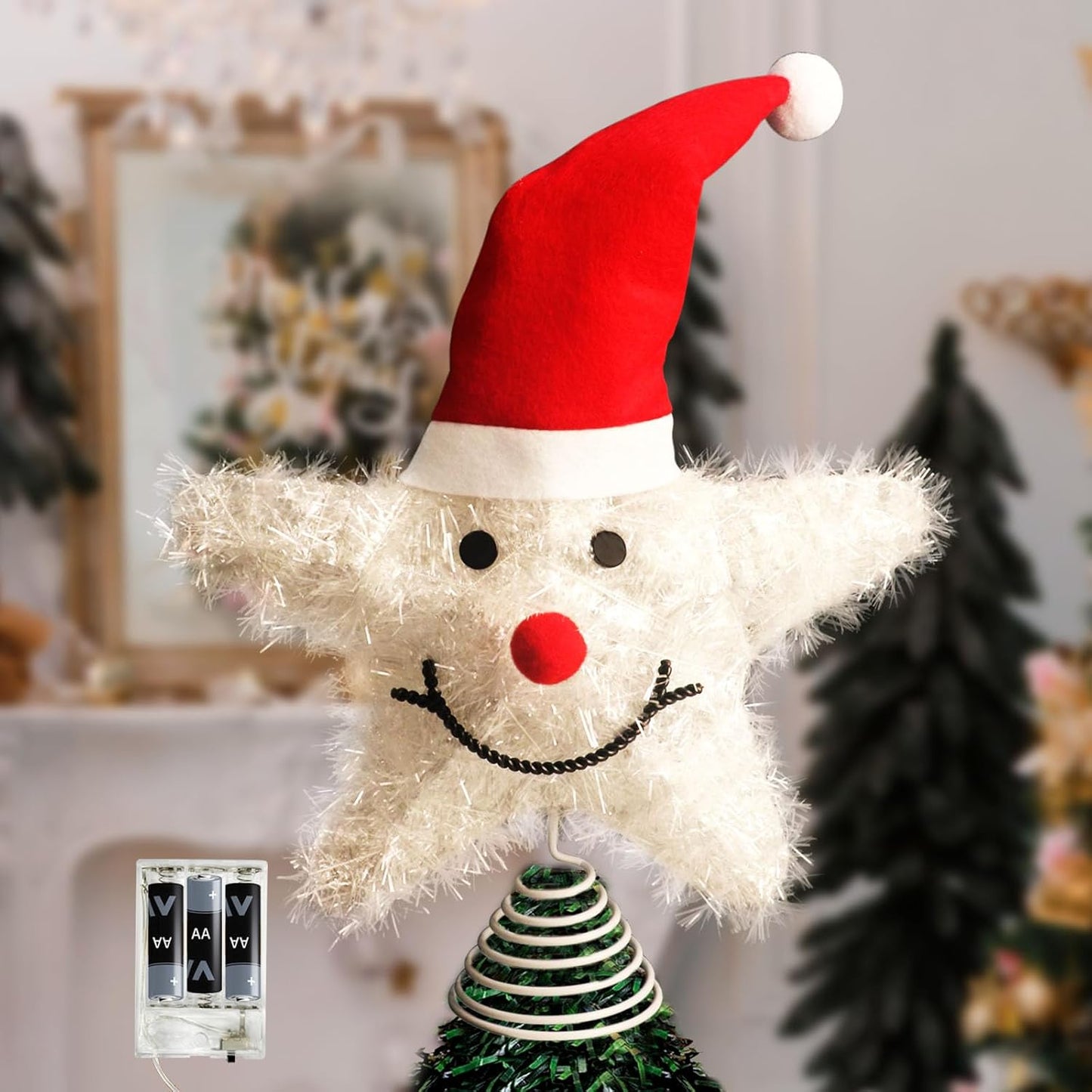 Christmas Tree Topper Star Snowman with Warm White 20 LED Lights, Xmas Tree Topper Star for Holiday Seasonal Decor, Battery Required Outdoor Indoor