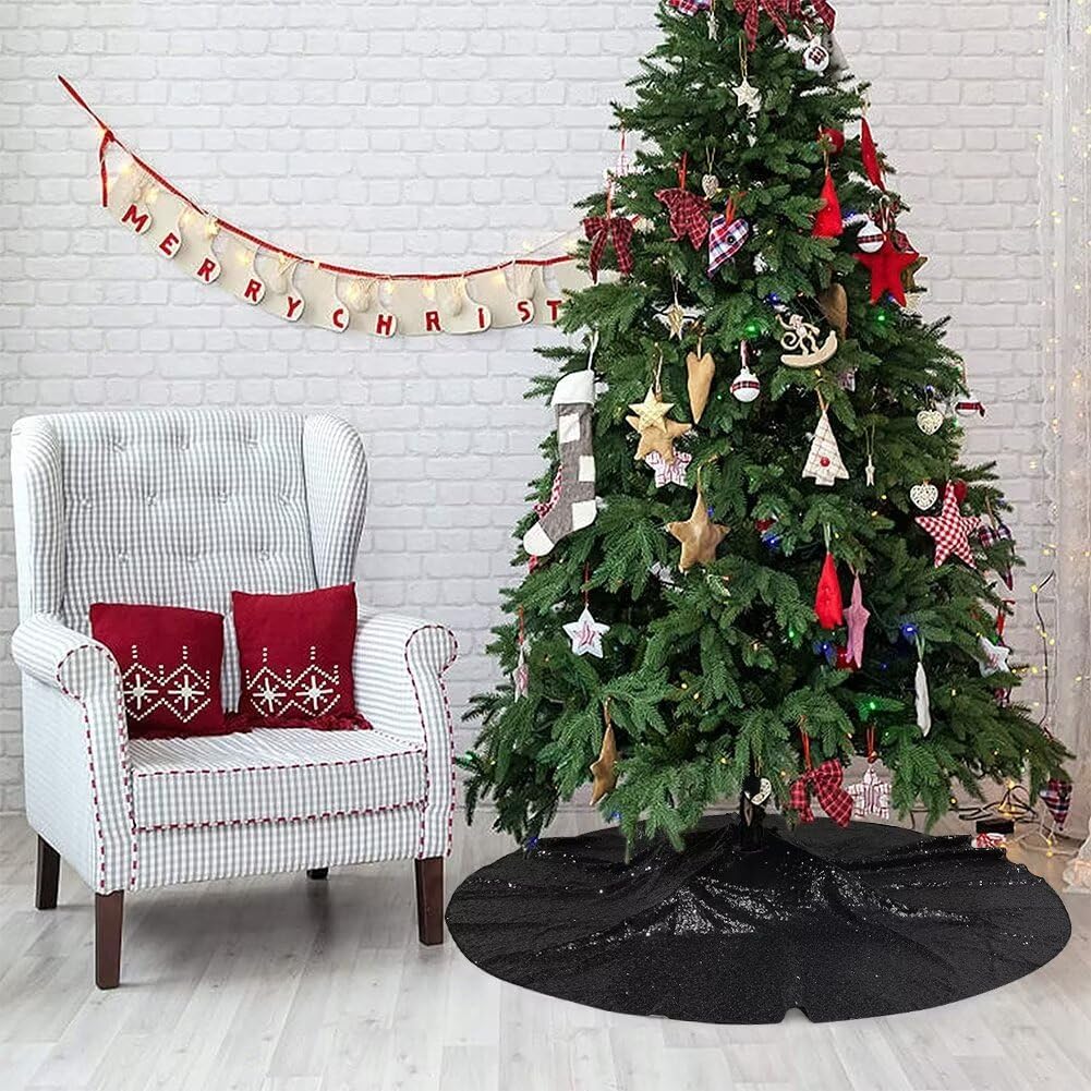 Eternal Beauty Christmas Tree Skirt, 50 Inch Black Halloween Sequin Tree Skirt Small Xmas Tree Skirt for Christmas Tree Decorations