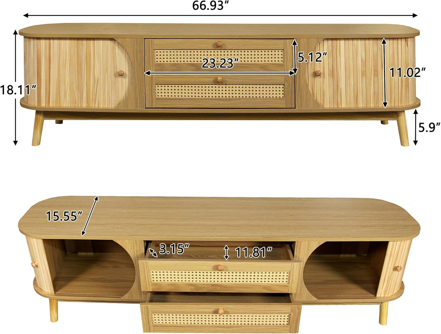 Merax Modern Fluted TV Stand for 75" TVs, Mid-Century Entertainment Center Tambour Door Media Console TV Cabinet with Rattan-Front Drawer for Living Room, Curved Profile Design
