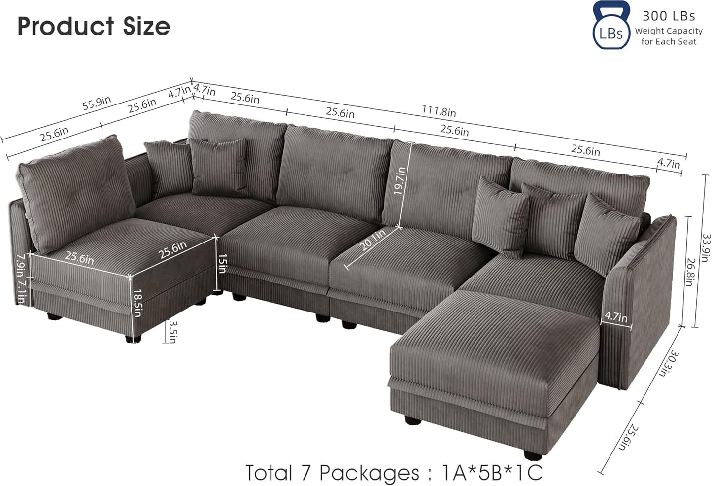LLappuil Modular Sectional Sofa with Storage Seats, Corduroy Convertible Modular U Shaped Sectional Couch for Living Room, 6 Seat Oversized Sofa with 5 Back Cushion 5 Throw Pillow, Grey