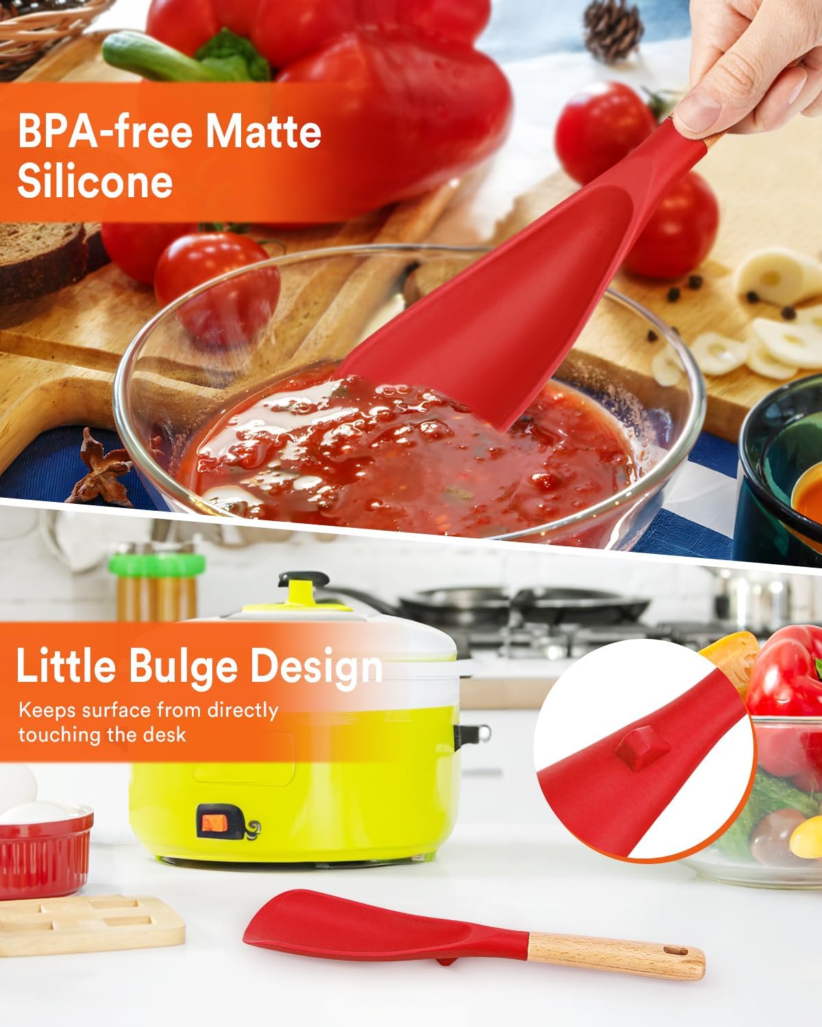 Cooking Spoon and Scraper for Nonstick Cookwares, Great for Cooking and Serving Durable BPA-Free Matte Silicone, Wood Handle Multifunction Spoon for Mixing, Scoop, and Scrape (RED)