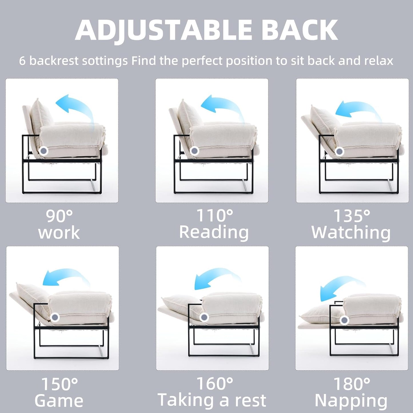 YISHENG Accent Chair with 6-Angle Adjustable Backrest, Chenille Fabric Living Room Chair Upholstered Lounge Chair, Modern Chair Cozy Reclining Chair for Reading Room, Set of 2 White