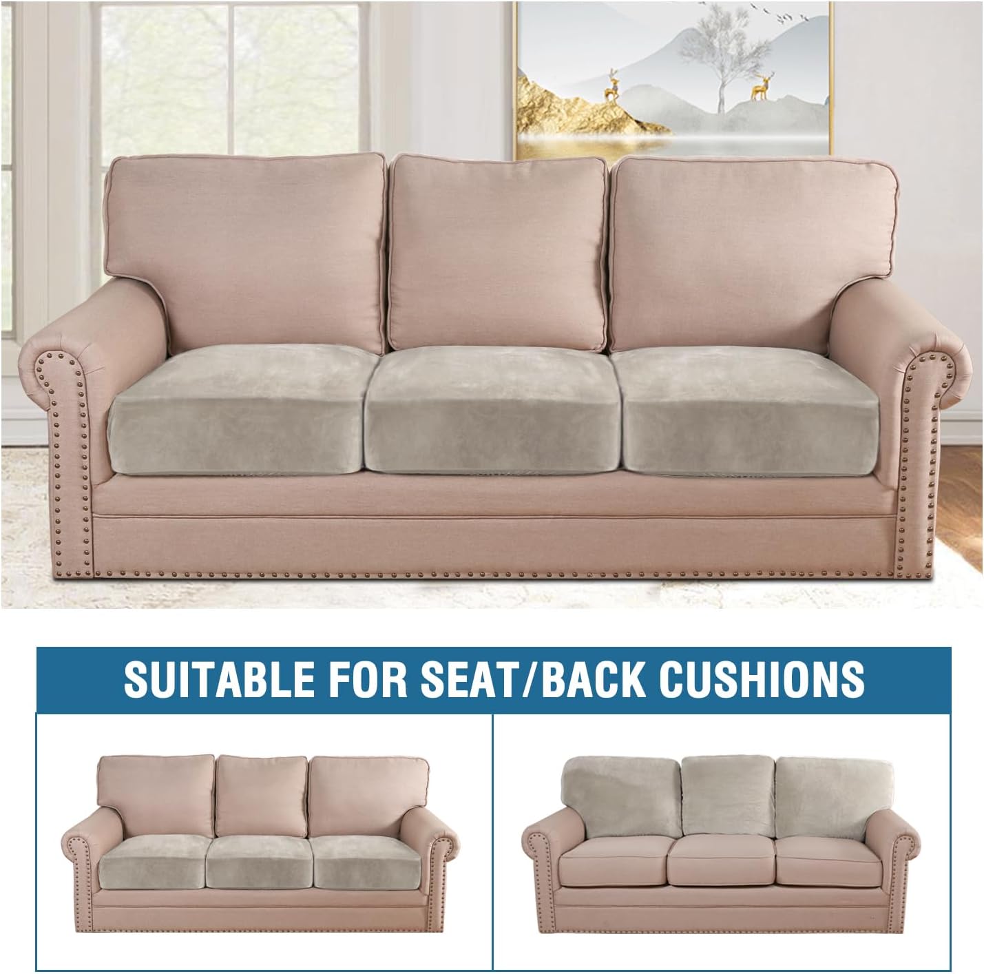 H.VERSAILTEX Velvet Stretch Couch Cushion Cover Plush Cushion Slipcover for Chair Loveseat Sofa Cushion Furniture Protector Seat Cushion Sofa Cover (3 Piece Sofa Cushion Covers, Oatmeal)