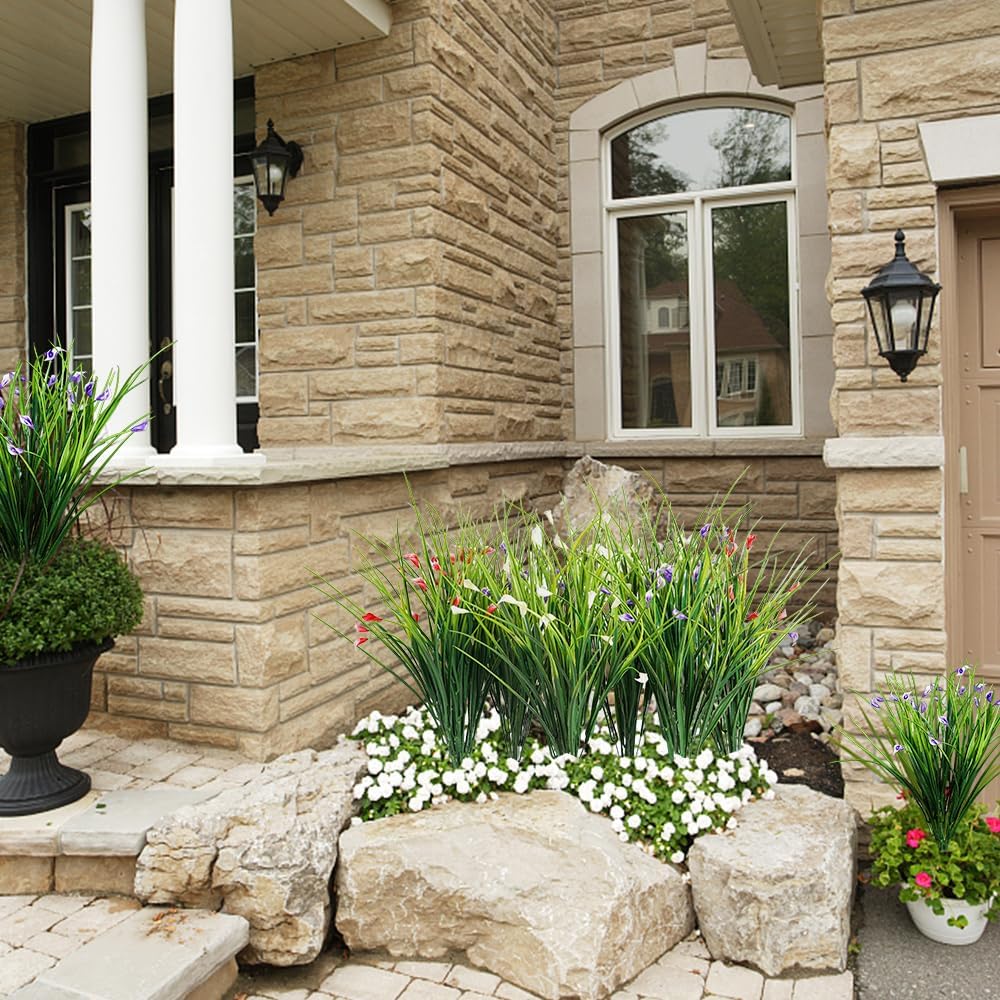 Melorca&Guilla Artificial Plants Outdoor 6PCS 23“ Fake Tall Grass,Fake Outdoor Plants,Faux Plants with Flowers for Garden Porch Window Box Shop Office Home Décor