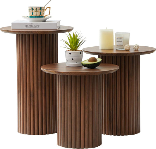 Round Nesting Coffee Table Set of 3,Mid Century Modern Fluted Coffee and End Table Set,Small Circle Wooden Side Table Drink Table for Living Room (Walnut)
