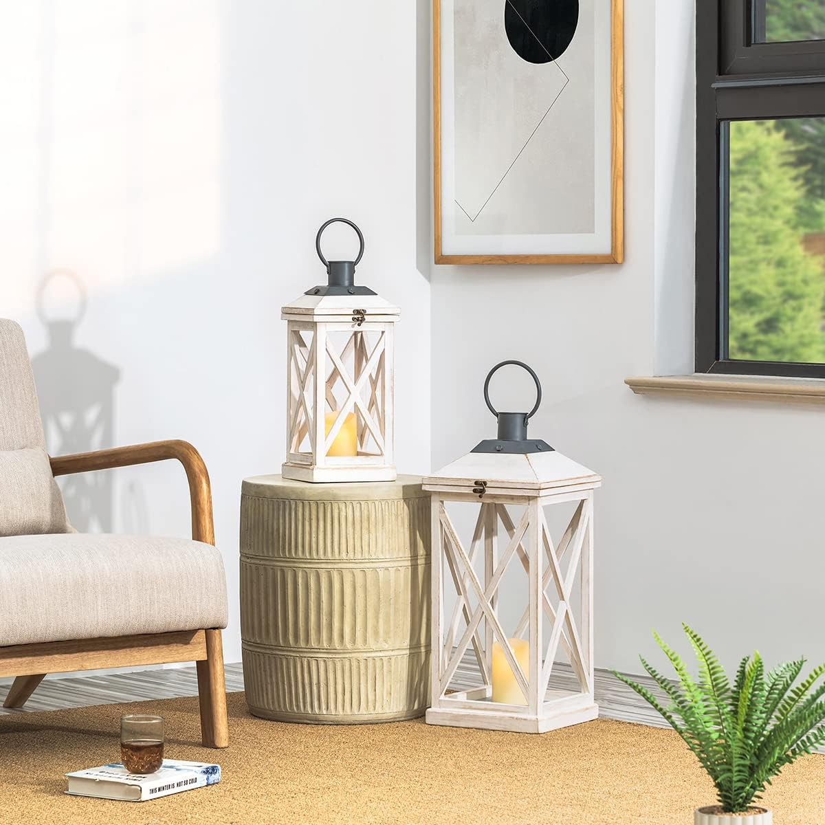 Glitzhome Mondern Farmhouse Wooden Lantern Hanging Decorative Candle Lantern for Outdoor & Indoor Wash White Set of 2 (No Glass)