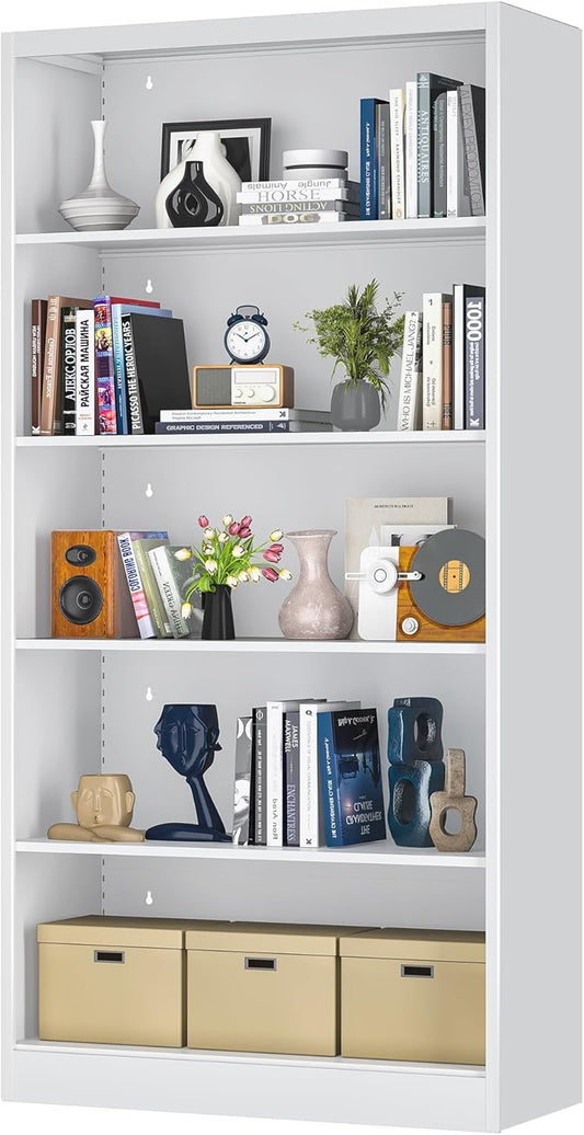 Metal Bookcase, 14" Deep Bookshelf, 66" Tall Bookcases with Adjustable Shelves, 5 Shelf Bookcase, Industrial Bookshelves and Bookcases for Living Room, Office, Library. White Book Shelf.