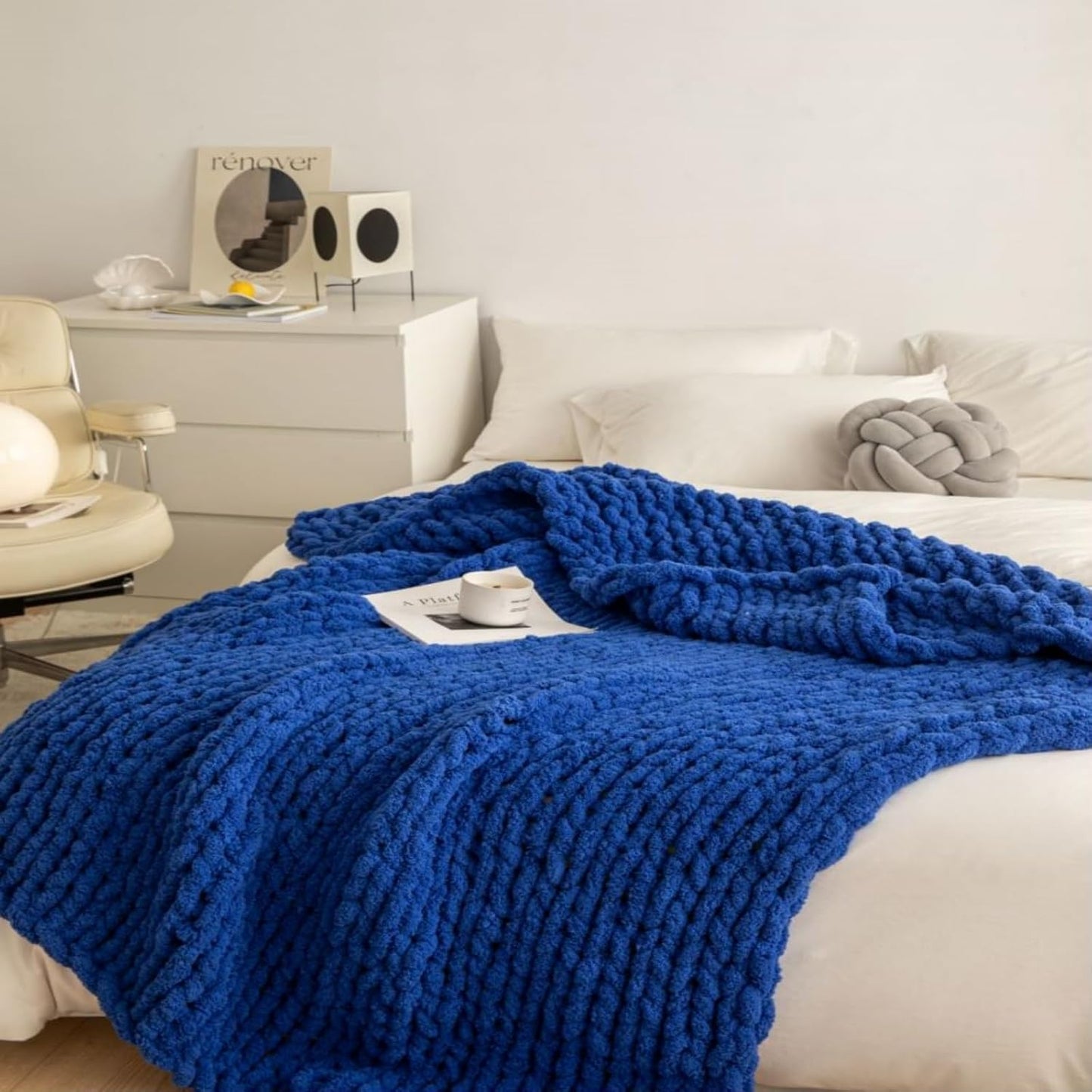 Chunky Knit Blanket Throw 40"x60", Chenille Throw Blankets, Handmade Warm & Cozy Blanket Couch Bed Home Decor, Soft Breathable Fleece Banket, Christmas for Couch Bed Sofa Best Gift (Navy Blue)