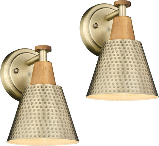 FEMILA Bathroom Light Fixtures 2 Pack, Antique Brass Vanity Light with Hammered Metal Shade, 2-Lights Bath Wall Mounted Lights Wall Lamp for Mirror Kitchen Bedroom, 4FG59B-2 BG