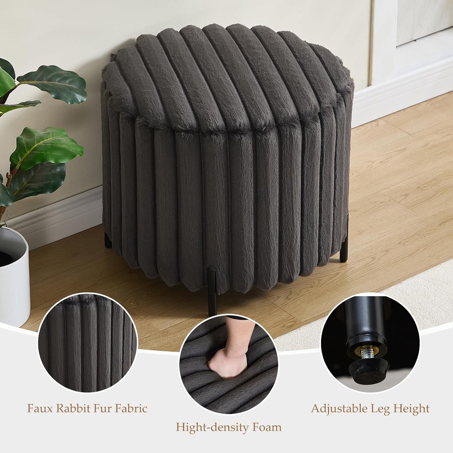 Furniliving Modern Round Ottoman, Large Size Bedroom Ottoman Footstool Round Ottomans Stool for Living Room, Bedroom, Makeup Room, Black, Faux Fur
