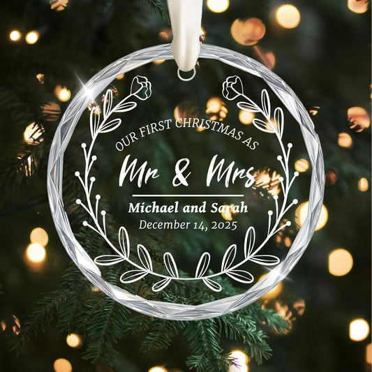First Christmas Married Ornament 2025, Custom Wedding Crystal Glass Ornament with Photo, Name or Date, Personalized Wedding or Bridal Shower Gifts for Newlyweds