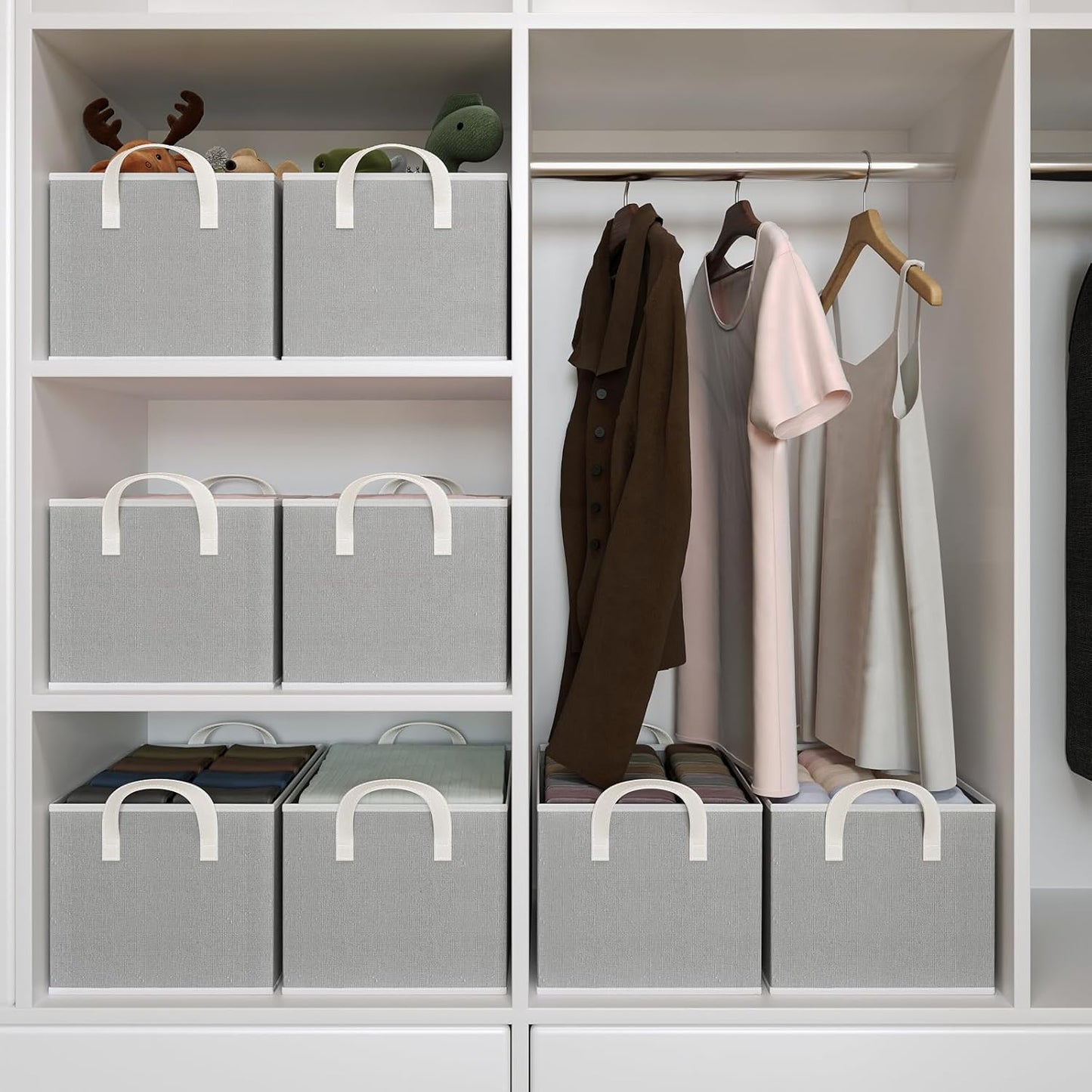 Closet Storage Bins, Fabric Closet Organizers and Storage Basket for Shelves, Collapsible Shelf Baskets for Organizing Shelves, Bedroom Clothes Basket, Gray, 3 Pack