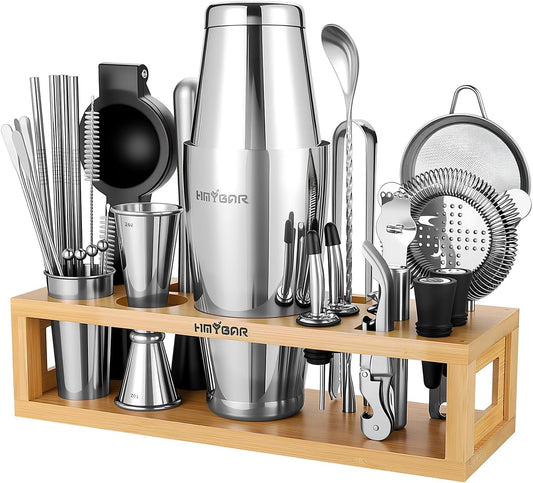 HMYBAR® Mixology Bartender kit | Cocktail Shaker Set | Boston Shaker Set, 20/28 OZ | Martini Making Set for Home Bar.Total 31 pcs incl 39-Recipe Cocktail Cards. Silver Tools. Bamb Stand Natural Color