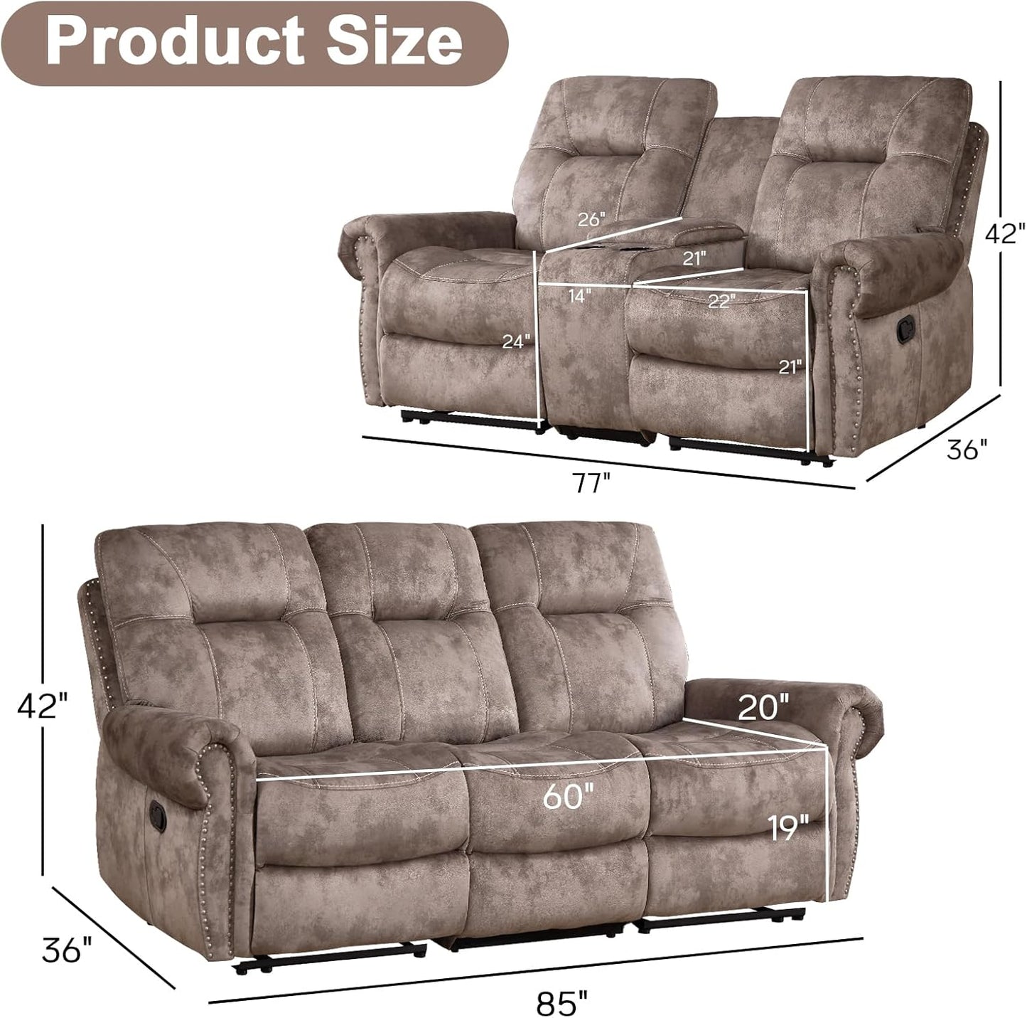 EBELLO 2 Pieces Manual Reclining Couch Furniture Set for Living Room, 2 Seat Loveseat and a 3 Seater Sofa, Vintage Rivet Mid-Century Design for Living Room, Brown