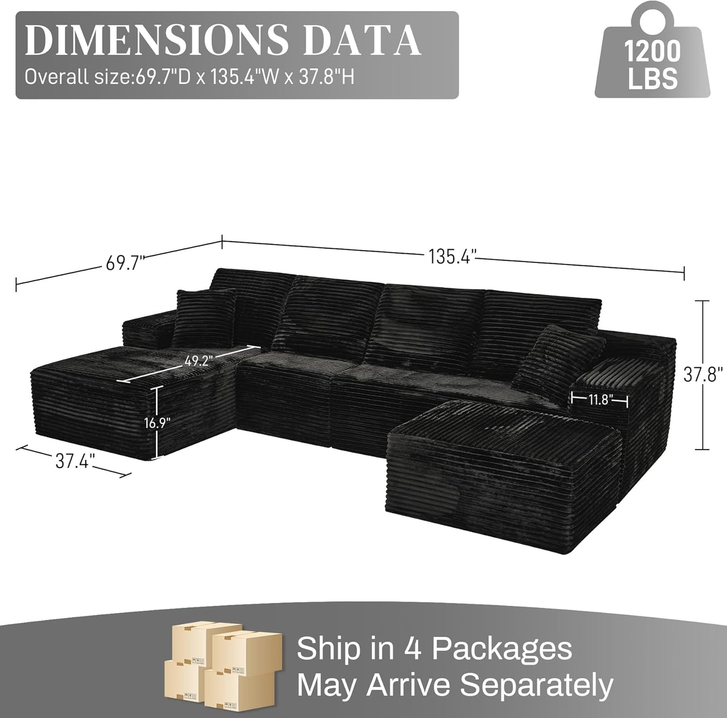 Modular Sectional Sofa Cloud Sectional Couch, 135" Comfy Fluffy U Shaped Black Couches for Living Room, Deep Seat Memory Foam Plush Corduroy Boneless Couch Sectionals with Left Facing Chaise Sofa