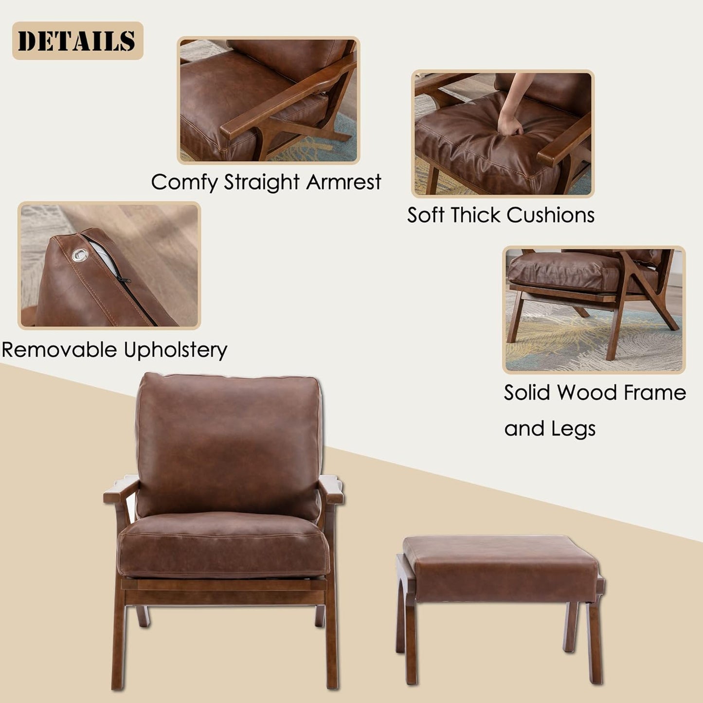 chairus 2 Sets Mid-Century Modern Accent Chairs with Ottoman, Faux Leather Armchair with Wood Legs Comfy Upholstered Single Sofa Chair for Living Room/Bedroom/Lounge, Brown
