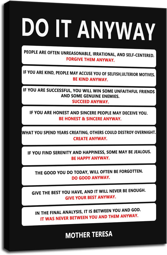 Do It Anyway Canvas Wall Art for Living Room Inspirational Mother Teresa Quote Poster Wall Decor Paintings Wooden Framed Artwork Bedroom Kitchen Home Decoration Ready to Hang[12''W x 18''H]