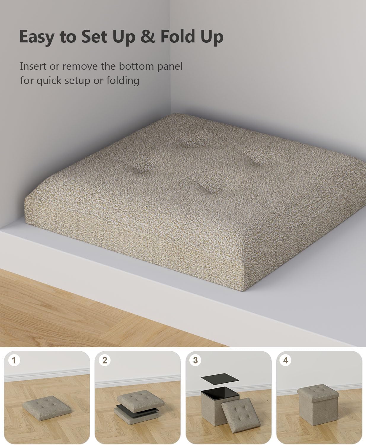 15 Inches Small Folding Storage Ottoman Cube, Storage Footrest, Foot Rest Stool, for Living Room, Bedroom, Dorm, Hallway, Entryway, Sandy Beige