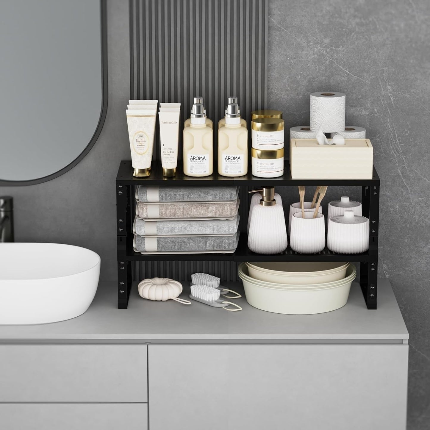 Expandable Spice Rack,Stackable Storage for Cabinet, Multi-Functional Kitchen Shelving,Height-Adjustable,Sustainable Organizer Solution(1Pack/Black/Large)