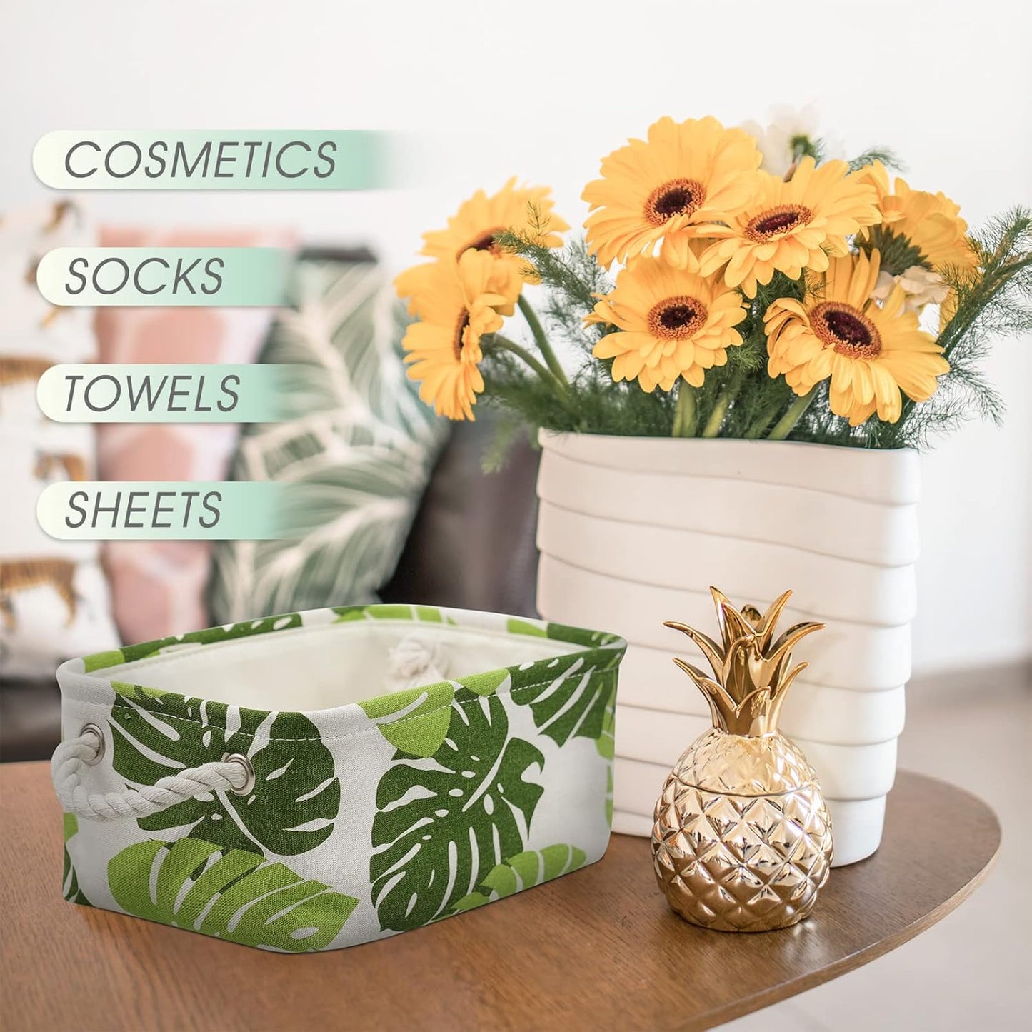 Organization and Storage Basket for Shelves - Small 6 Pack Fabric Storage Bin Collapsible Baskets for Organizing with Handle for Cloth Decorative Laundry Canvas (Banana Leaf 12x8x5.2 inch)
