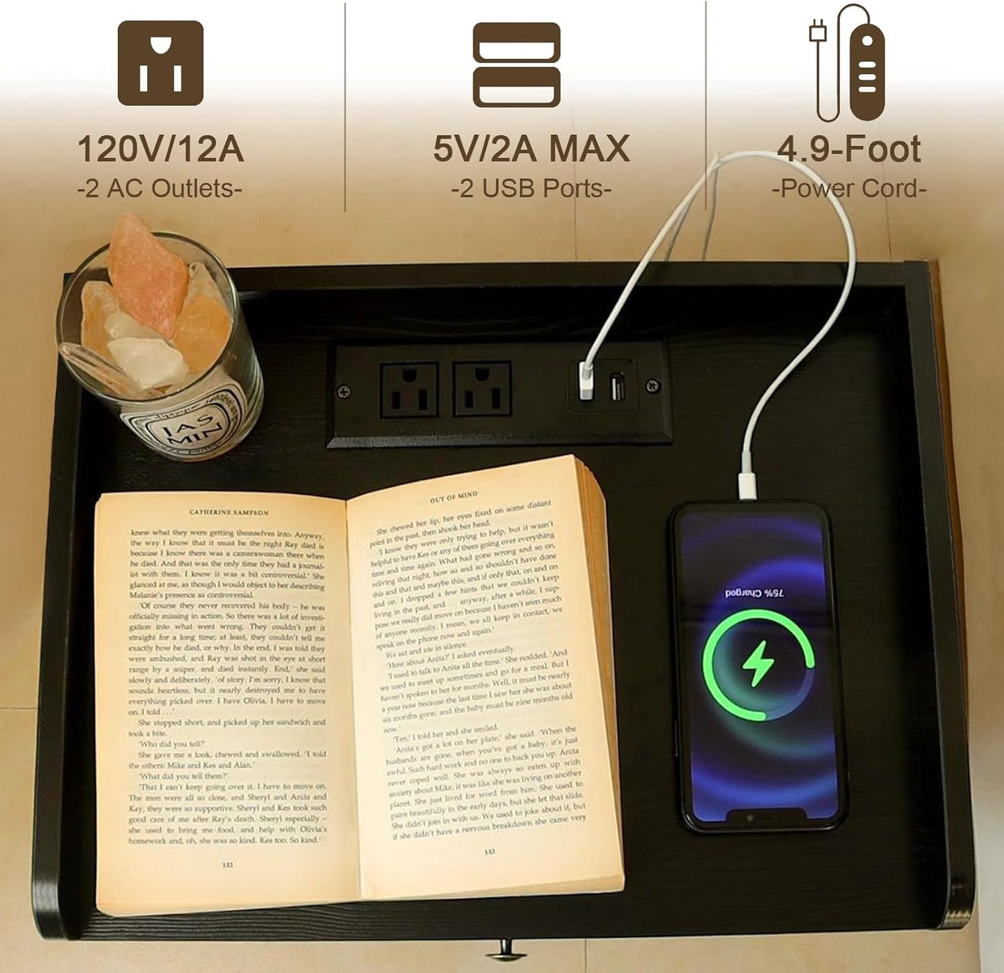 AWASEN Black Nightstand with Charging Station, Modern Bedside Table with Glass Decorative Drawer, Small End Table Side Table with 2 Tiers Storage Space, for Bedroom, Office and Small Space (Black)