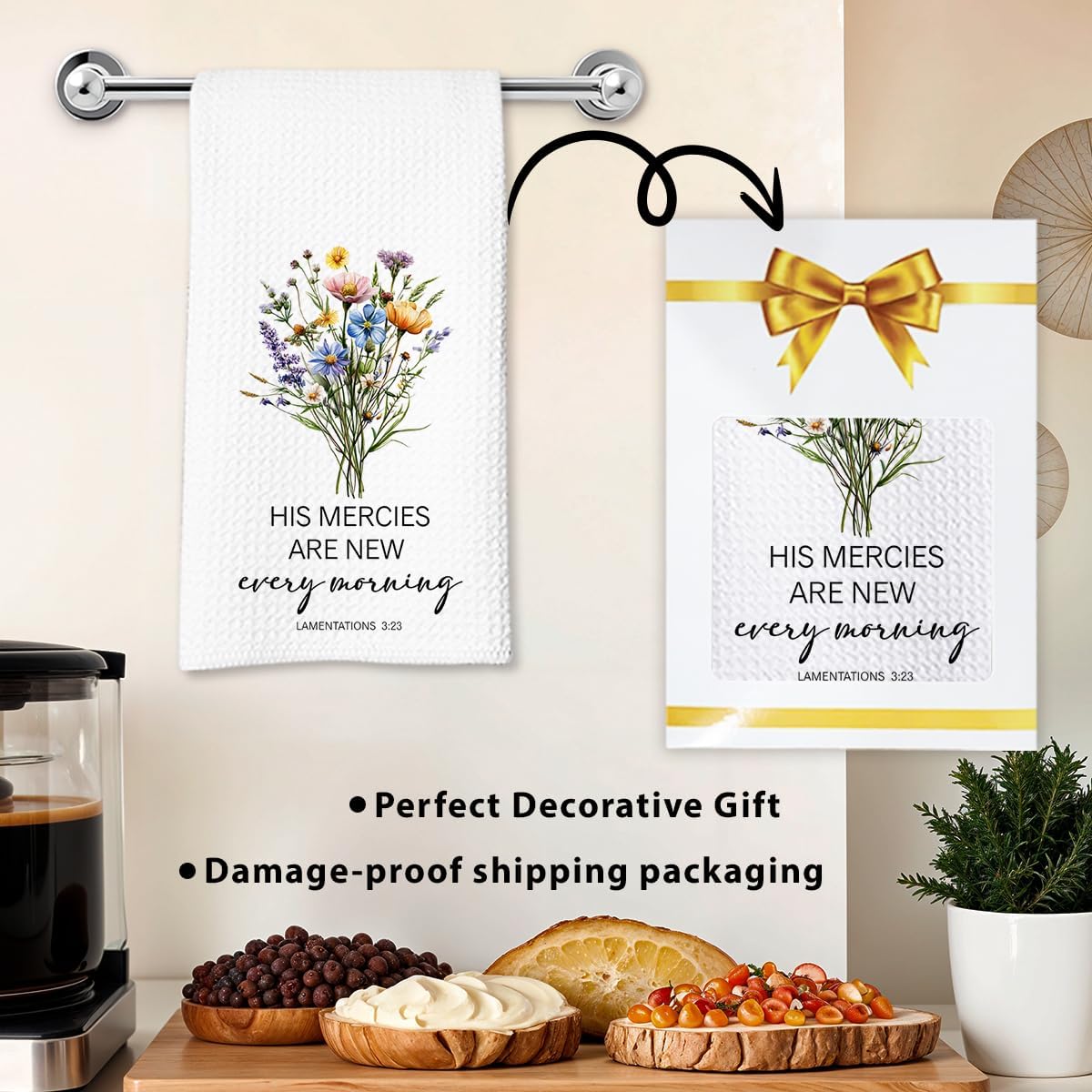 Christian Kitchen Towel, Waffle Weave Microfiber Scripture Hand Towel, His Mercies are New Every Morning Bible Verse Farmhouse Decor for Kitchen Bathroom, Inspirational Gift for Women