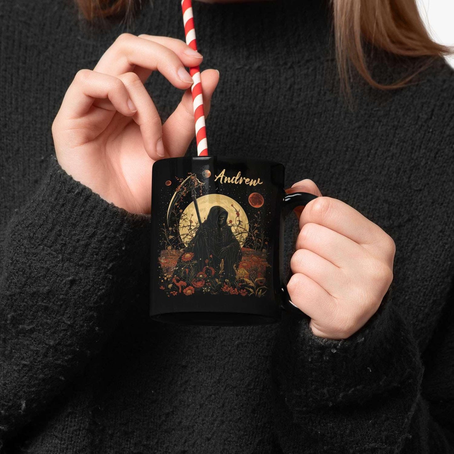 Custom Name Coffee Mug, Halloween Inspired Ceramic Cup 11oz 15oz, Personalized Spooky Reaper Coffee Cup, Halloween Character White Mug with Moon and Floral, Gifts for Men, Women