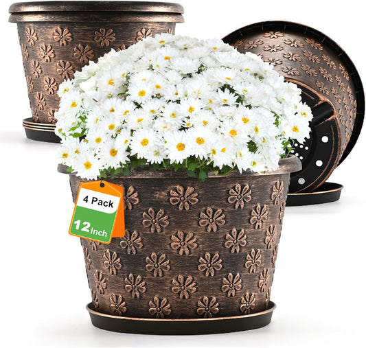 12 Inch Planter Pots for Plants, Plastic Large Flower Pots Indoor Outdoor, 4 Pack Resin Plant Pot with Drainage & Saucer, Retro Decorative Garden Pot with Removable Trays for House