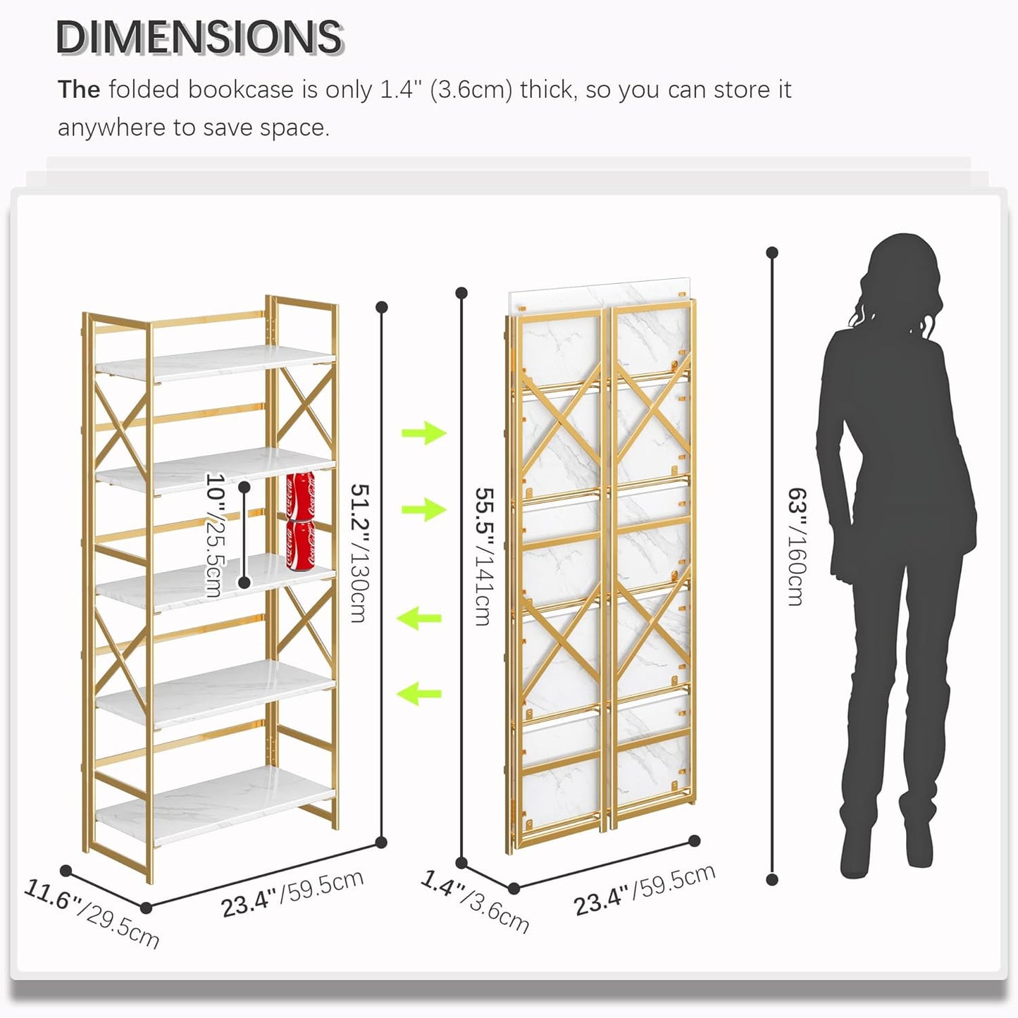 4NM 5 Tiers No Assembly Book Shelves, 51.2" H Folding Bookshelf Bookcase Open Industrial Foldable Shelves for Bedroom, Living Room, Home Office - White Gold