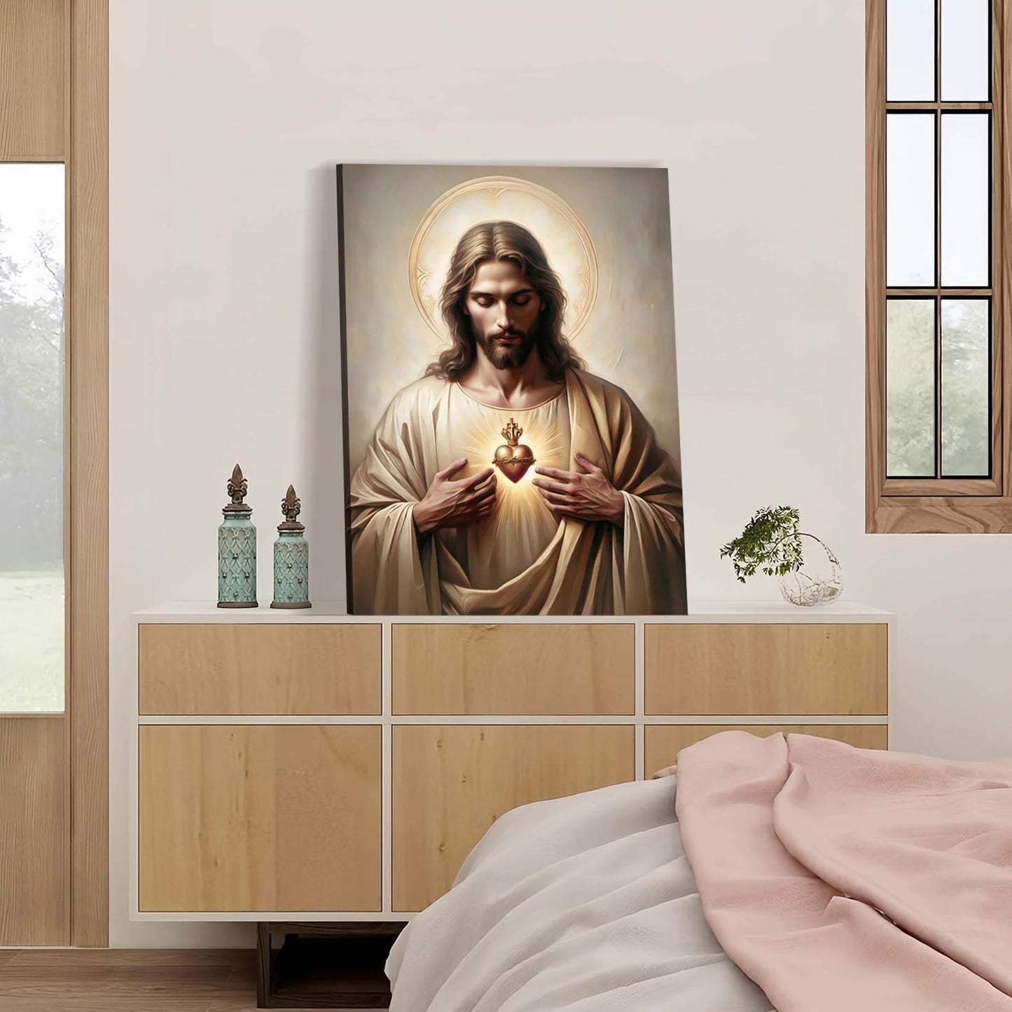 Framed Jesus Sacred Heart Religious CatholicWall Art Decor Canvas Print Print Poster Artwork Christian Home Decor Gallery for Bedroom Living Room 12x16 Inch Ready to Hang
