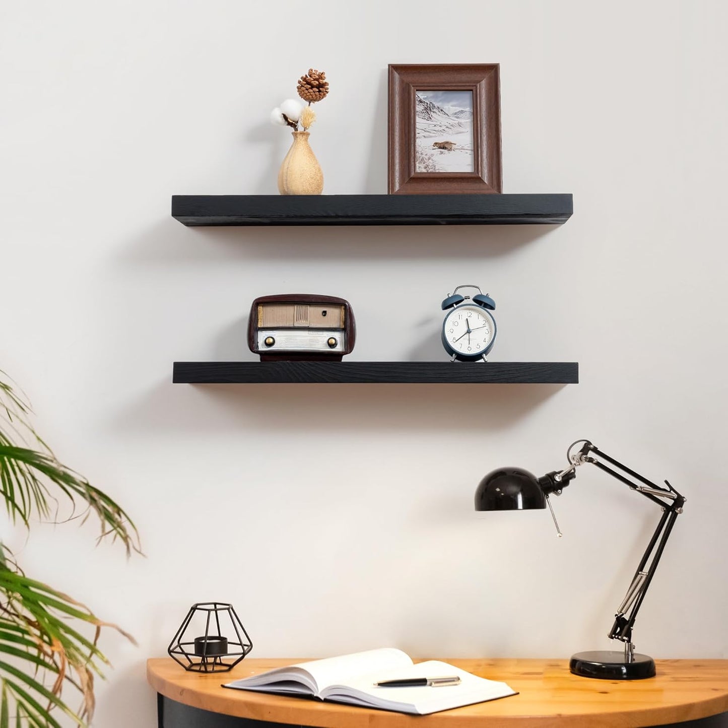 Fun Memories Handcrafted European Pine Floating Shelves - Natural Rustic Wooden Wall Shelf Set of 2-24 Inch Storage Shelf Display Shelf for Kitchen Bathroom Living Room Bedroom Farmhouse - Black