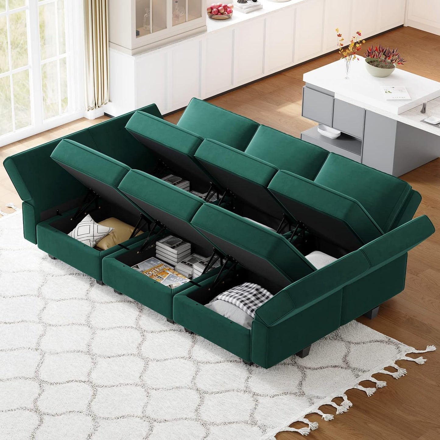 Belffin Modular Velvet Sectional Sofa with Chaise Lounge Sectional Sleeper Sofa with Storage Chaise Bed Couch for Living Room Green