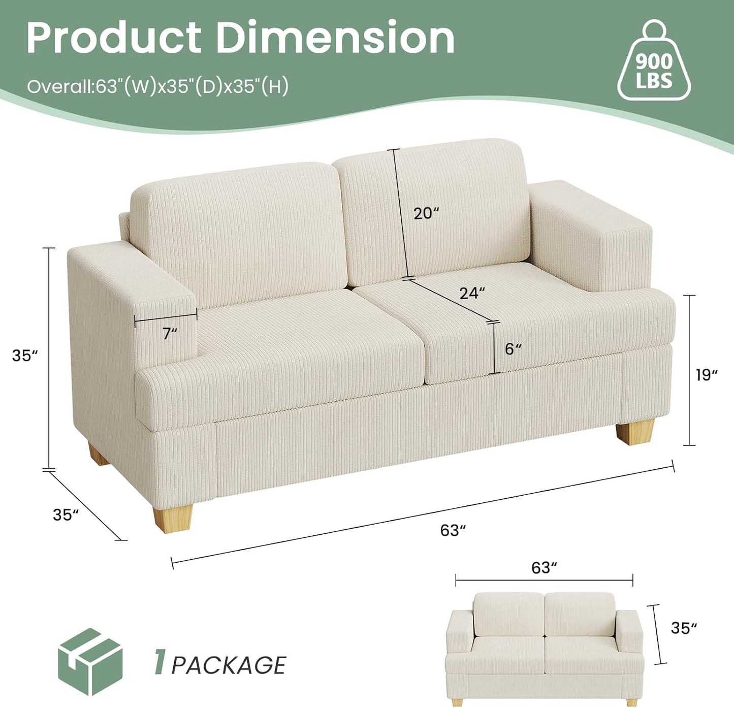 3 Pieces Corduroy Couch Set for Living Room, 3 Seater*2 & Loveseat Cloud Sofa, Deep Seat Floor Couch for Bedroom, Futon Modern Sofa Bed, White Corduroy