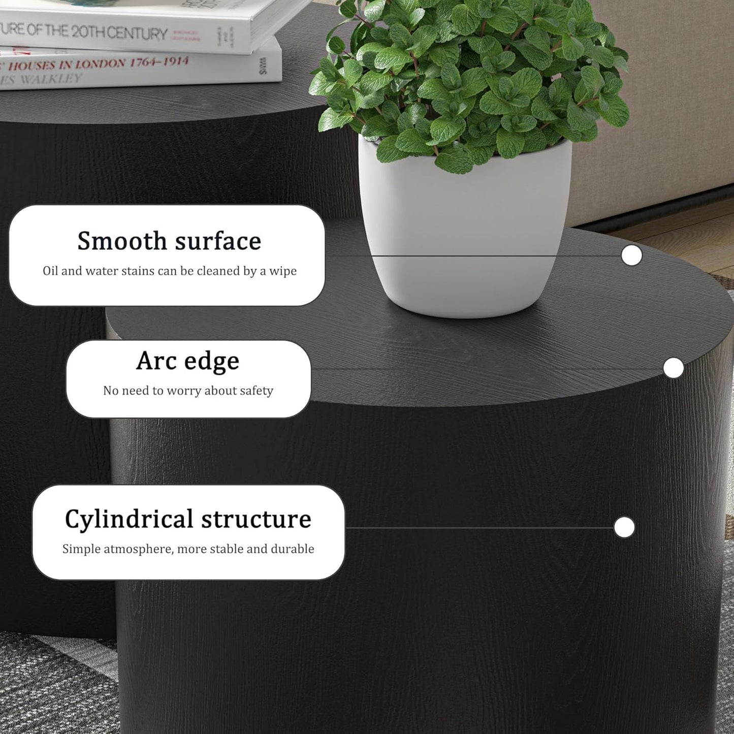 Nesting Coffee Table Set of 2, Round Side Tables Set, Wooden Accent Table, Modern End Tables, Minimalist Circle Table for Small Space Living Room Bedroom, Black