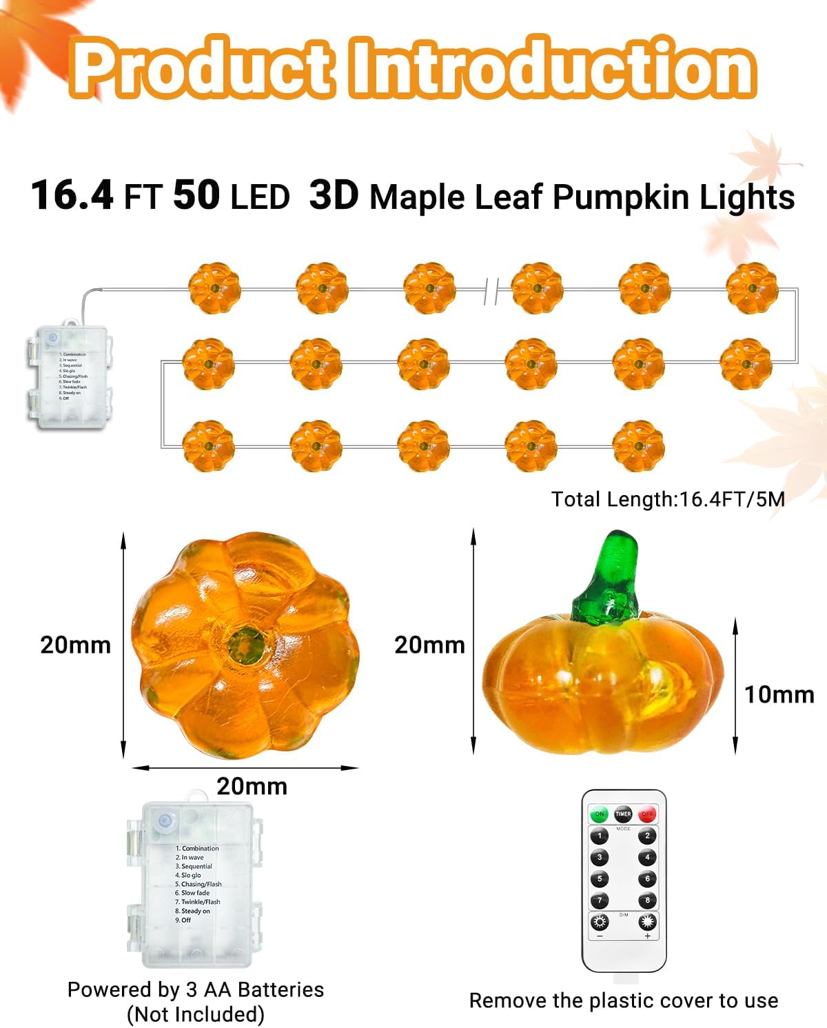 btfarm Fall Decorations 50 LED 16.4 FT Thanksgiving 3D Pumpkin Fairy String Lights Battery Operated with Remote Timer, 8 Modes Waterproof Fall Decor for Home Autumn Harvest Halloween Party