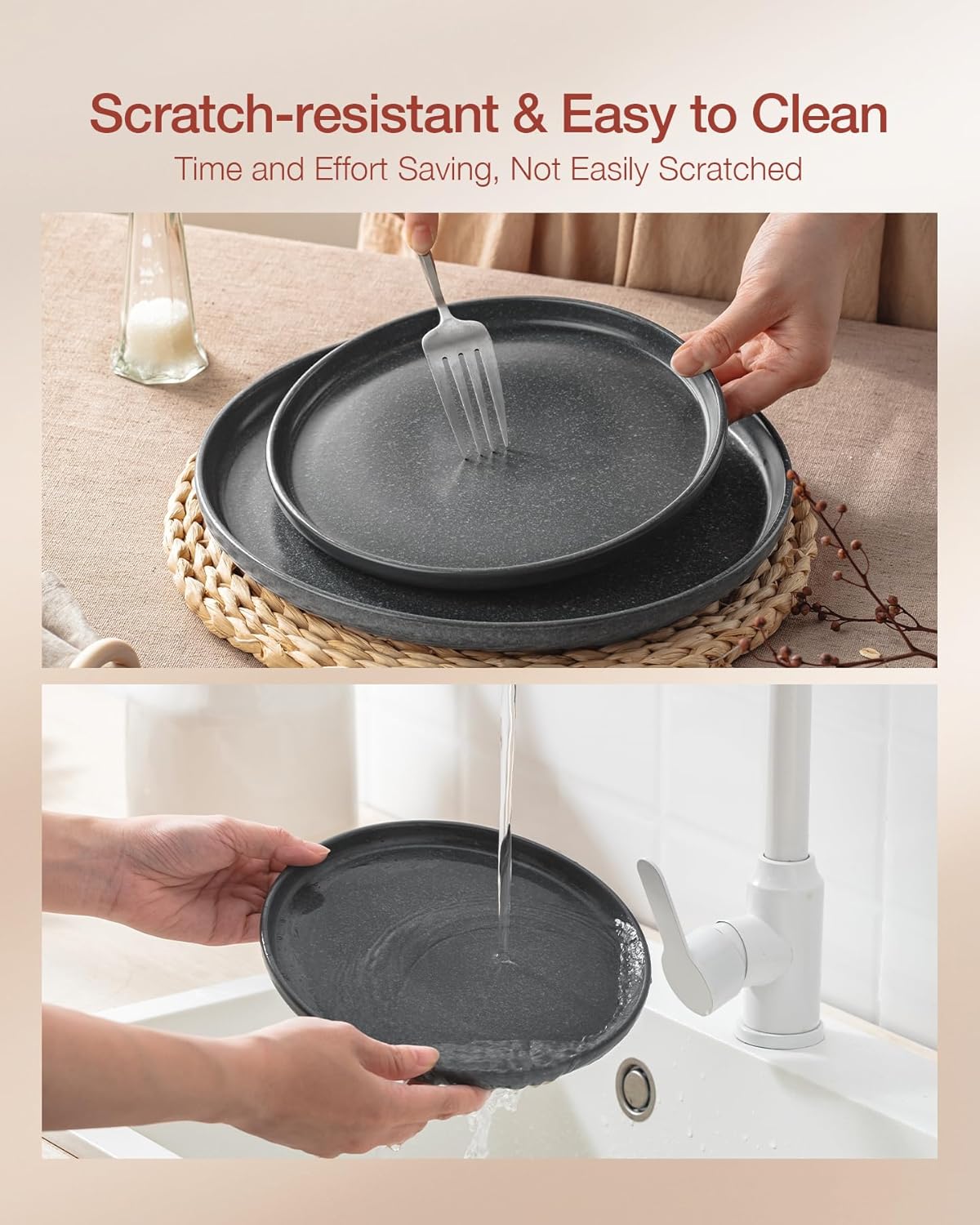 Famiware Milkyway Plates and Bowls Sets, 12 Pieces Dinnerware Sets, Reactive Glaze Dish Set, Stoneware Dishes Set for 4, Matte Dark Charcoal