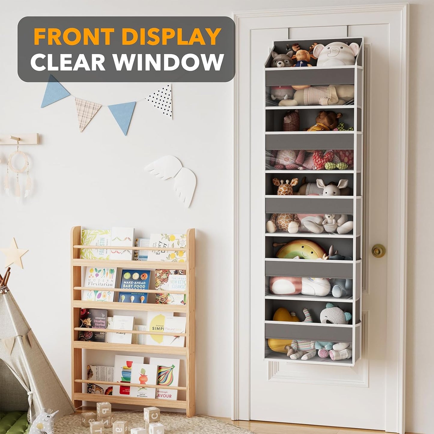 SpaceAid 1 Pack Over The Door Organizer with 5 Large Pockets and 10 Mesh Side Pockets, 5 Layers Door Organizer Hanging with Clear Window for Bedroom, Bathroom, Pantry and Nursery, Gray