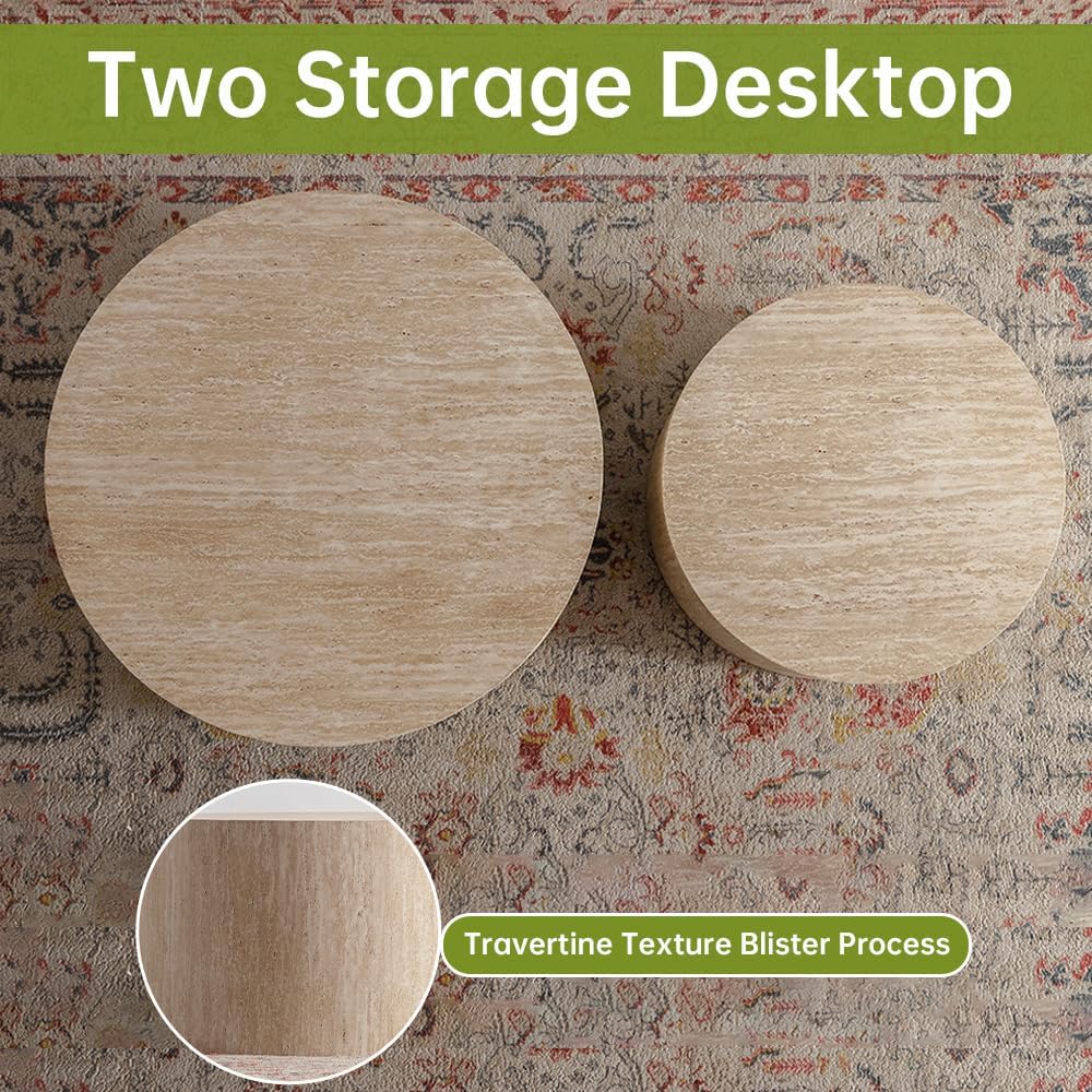 Round Nesting Coffee Tables Modern Travertine Coffee Table Small Round Coffee Tables Circular Side Table Accent End Table Nested Coffee Table Set for Living Room (Travertine Large)