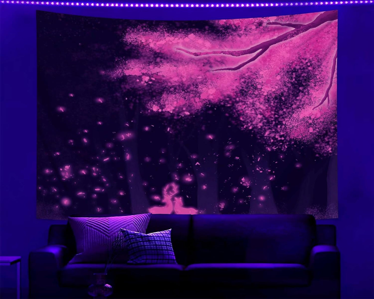 dueeia Blacklight Cherry Blossom Tapestry Wall Hanging Glow in the Dark Uv Nature Tapestries for Bedroom Aesthetic Living Room Wall Decor(90.6"x70.9")