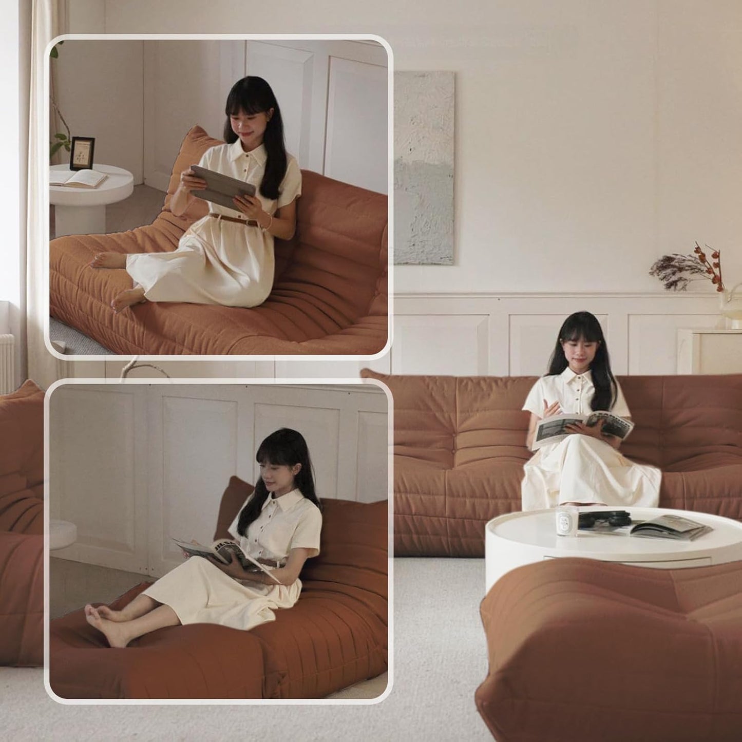 Luxury Sofa Couch Chair, Lazy Floor Seating, Fireside Bean Bag Chair, Ergonomic Tatami Sofa Lounger for Living Room, Bedroom, Office, 3 Seat, Brown